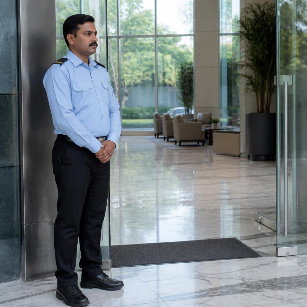 Uniformed guard at corporate lobby